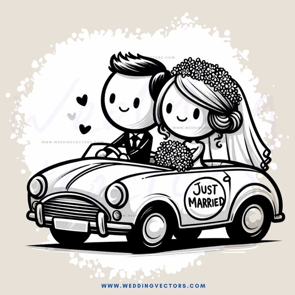 a newly married couple in a vintage car