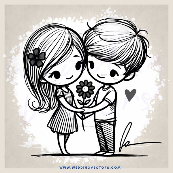 an illustration of two people with hearts and flowers