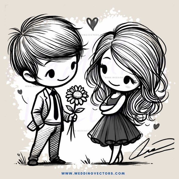 boy and girl holding flowers and hearts