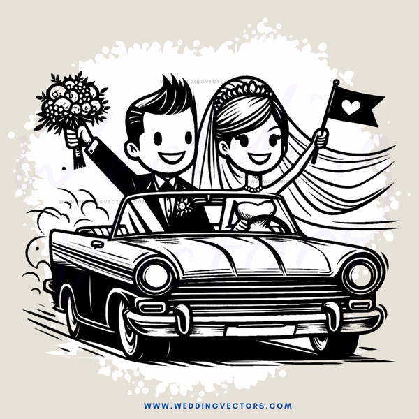 couple in car with flowers and heart flag