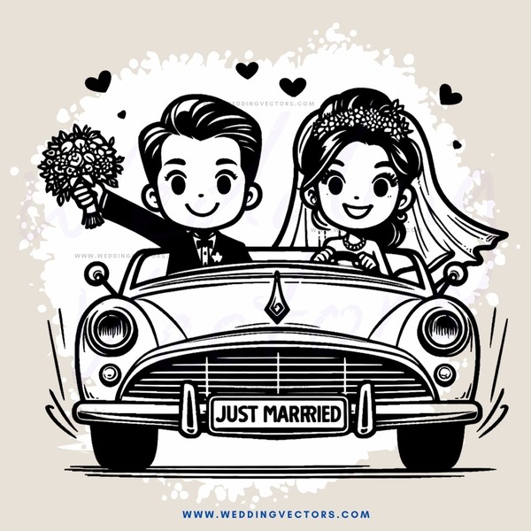 a happy couple in a car, with bride and groom
