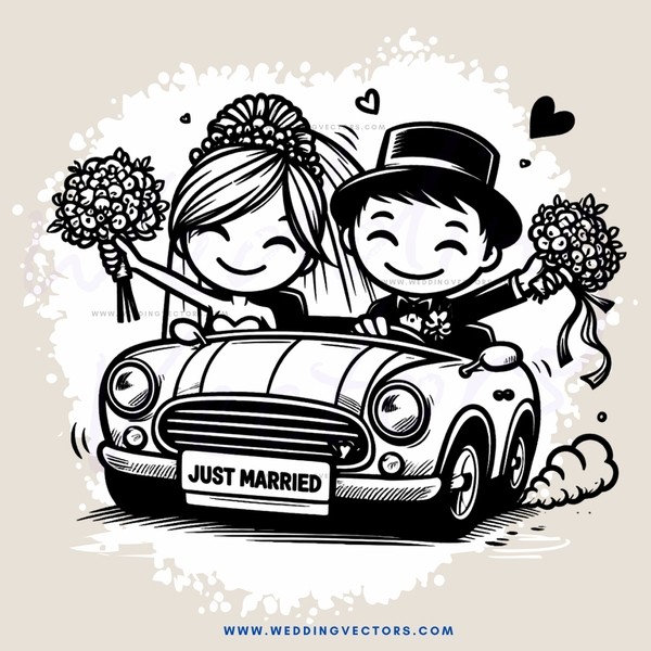 the groom and bride in a car