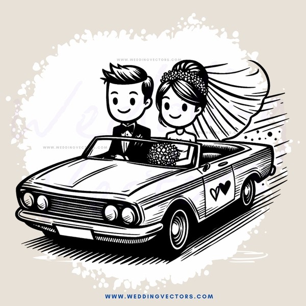 a bride and groom in a car