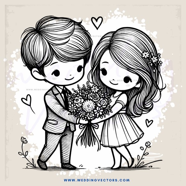 a boy and girl holding a bouquet of flowers