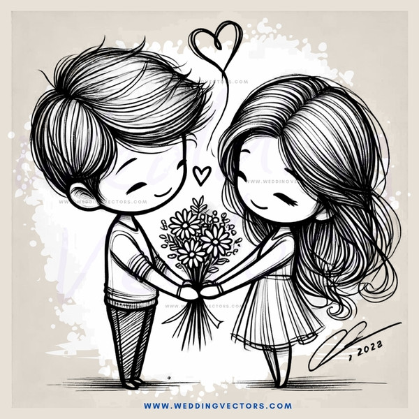 two people in black and white illustration holding flowers and hearts