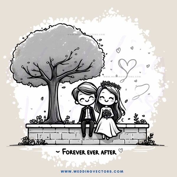 a couple sitting under a tree with a wedding photo
