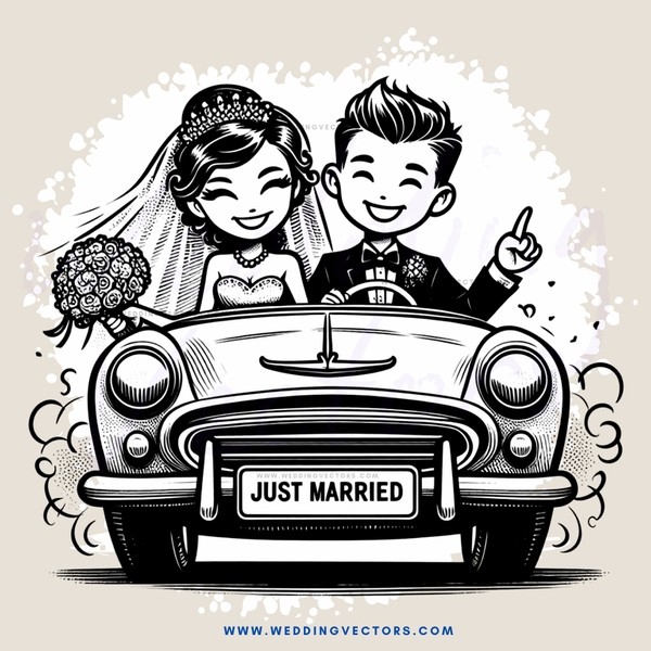 just married car with bride and groom