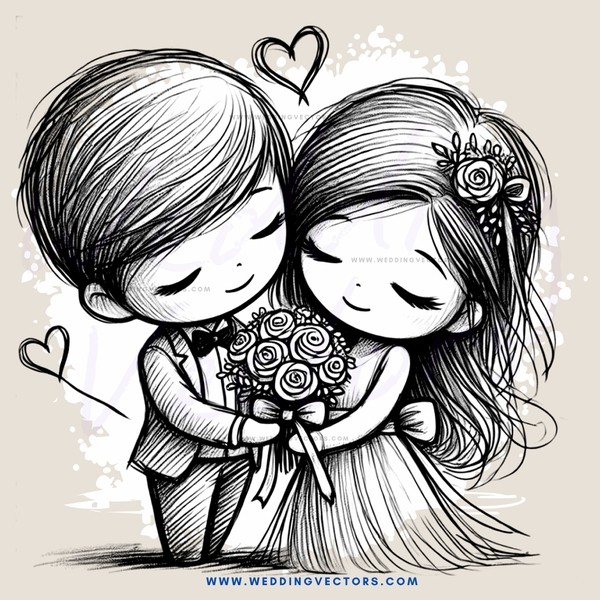 bride and groom hugging together with flowers