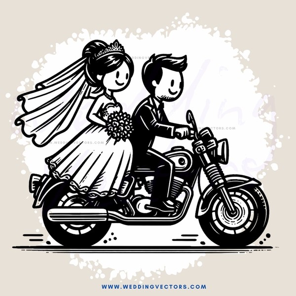 a bride and groom ride away on motorcycles