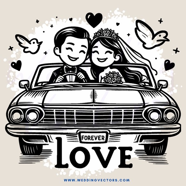 a couple in a car with "forever love" written under them