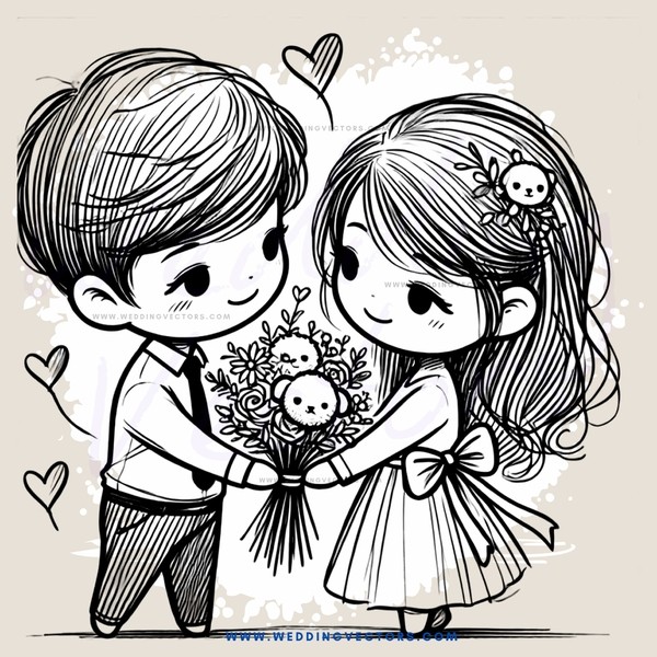 a boy and girl holding flowers