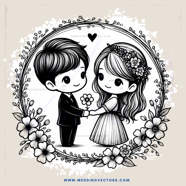 a cartoon boy and girl holding flowers
