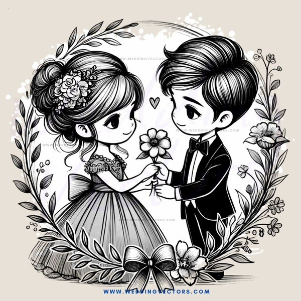 a boy and girl holding flowers