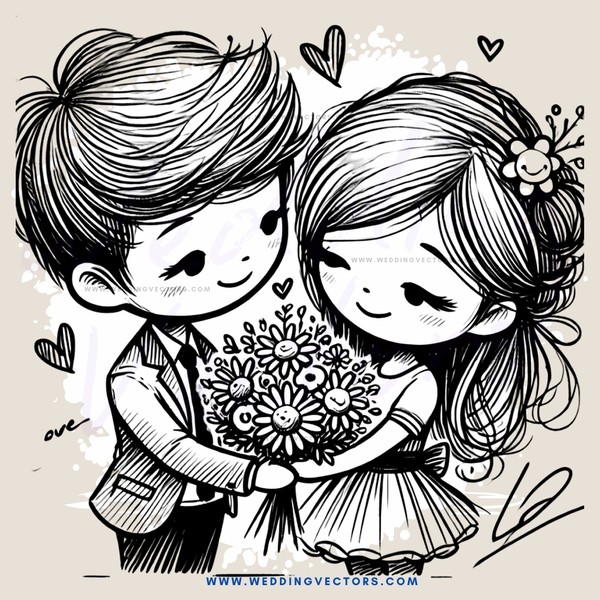 kissing couple with flowers and hearts