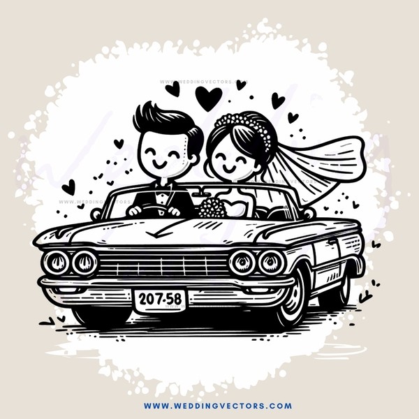 car with wedding ring in cartoon style