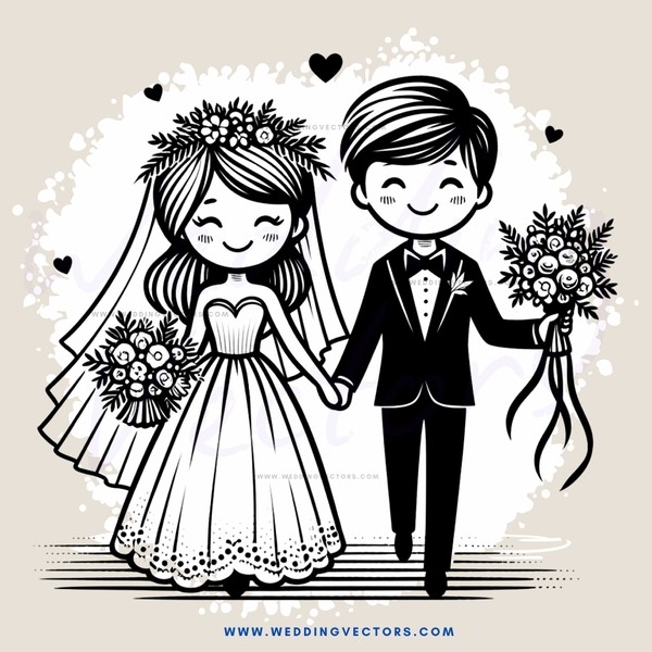 a bride and groom holding flowers