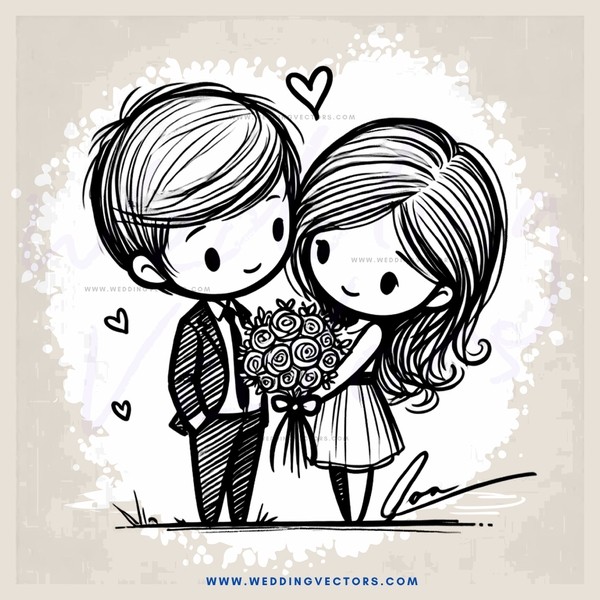 lovers standing together with roses and signature on bottom right corner
