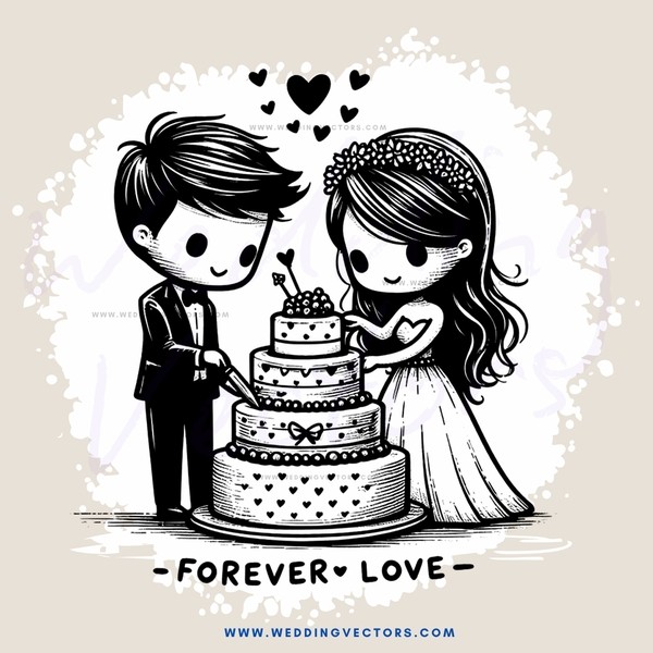 couple cutting wedding cake with heart symbols and words "forever love" beneath