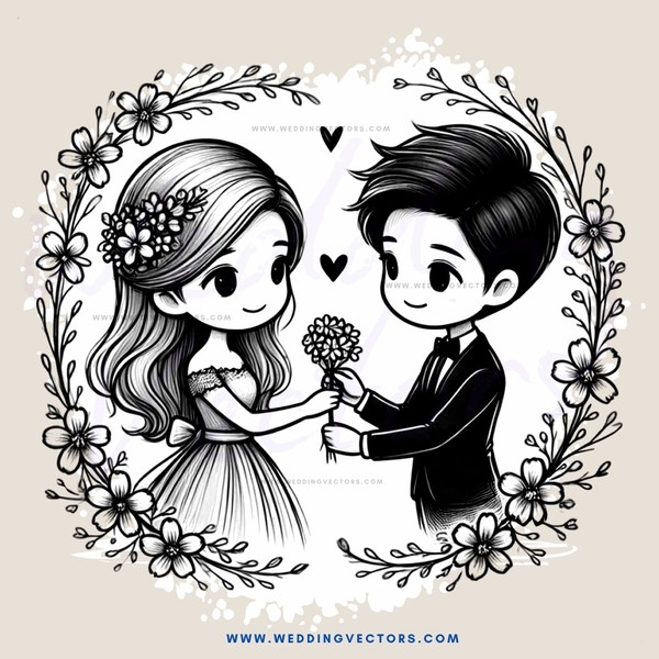 a boy and girl holding flowers with hearts around them