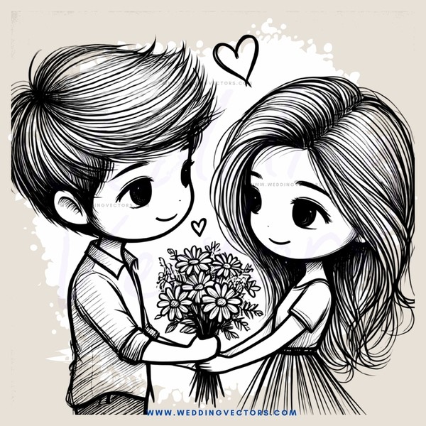 boy and girl embracing with flowers and heart