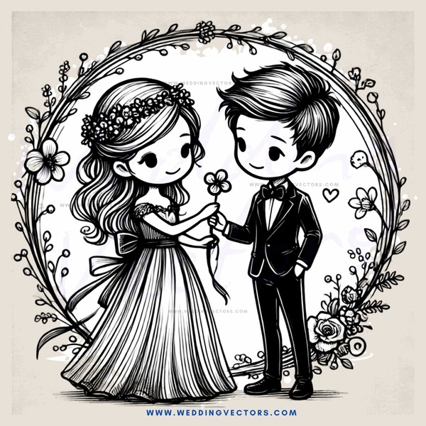 couple in wedding gowns posing with flowers and rings
