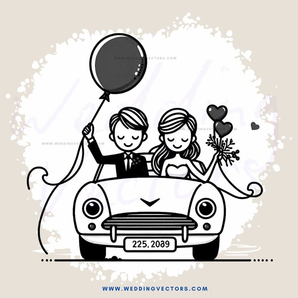 a couple riding in a car with balloons