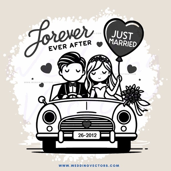 wedding car with bride and groom, just married forever sign