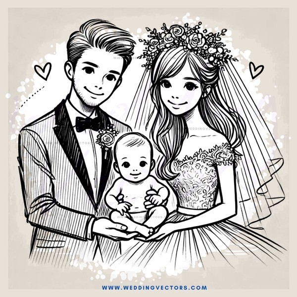 a bride and groom with their child