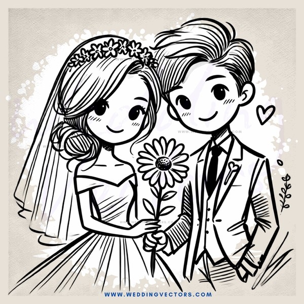 a bride and groom holding flowers