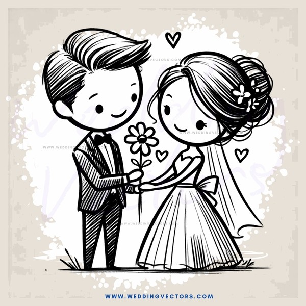 a bride and groom with flowers