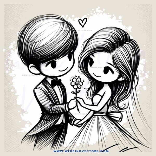 young couple holding hands in black and white illustration