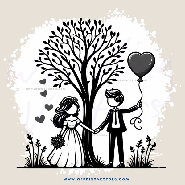 a couple under a tree with an airborne heart balloon