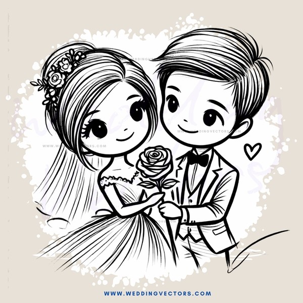wedding couple in black and white line art style