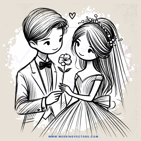 a cartoon picture of a bride and groom with flowers