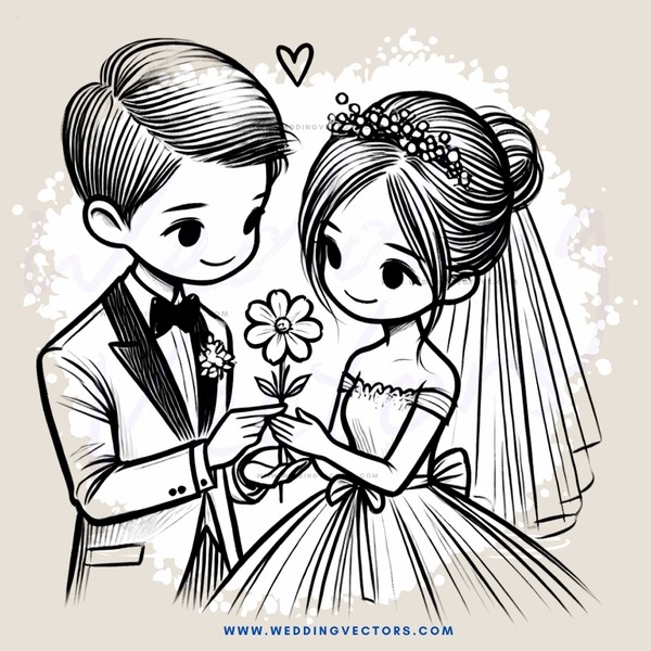 a bride and groom with flowers and butterflies