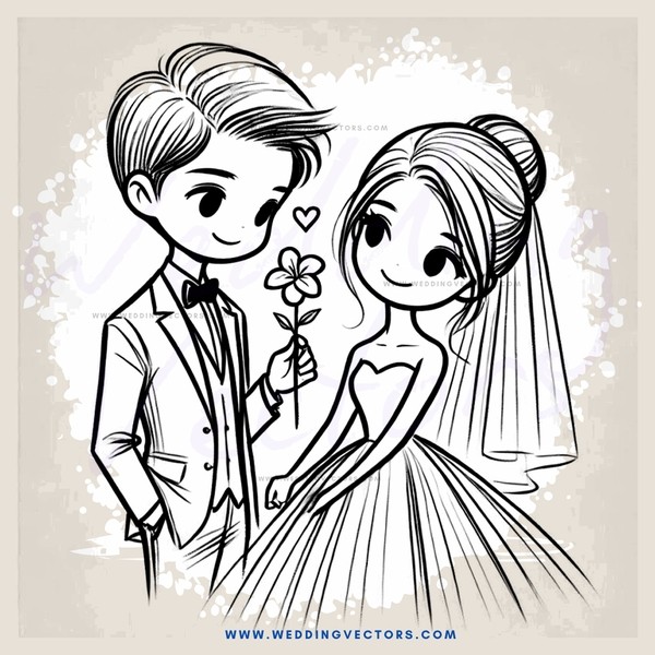 a boy and girl with hearts around them holding flowers