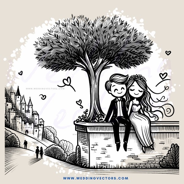 a couple sitting on a wall overlooking a city with trees