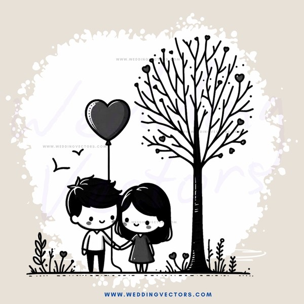 a couple embracing under a tree with hearts and birds