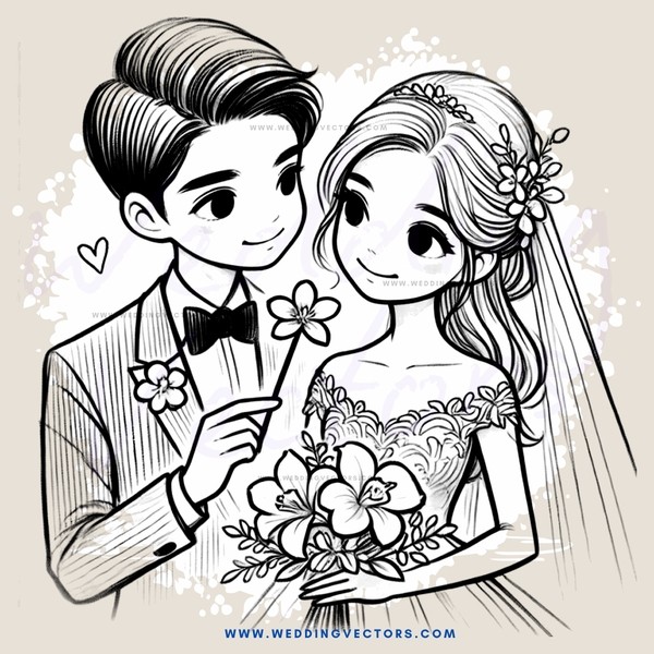 groom and bride posing for photo with flowers