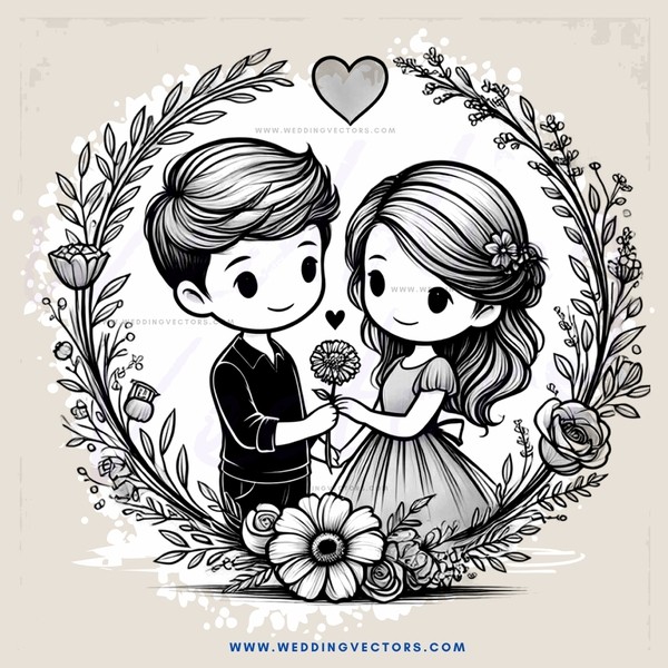 a boy and girl holding flowers with hearts around them