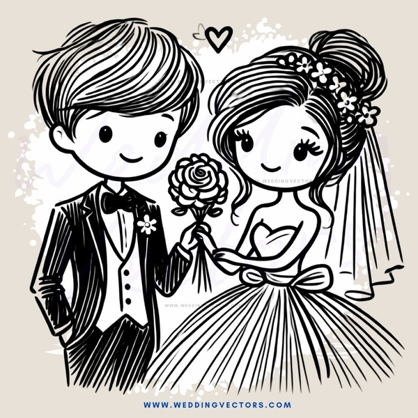 a bride and groom holding flowers