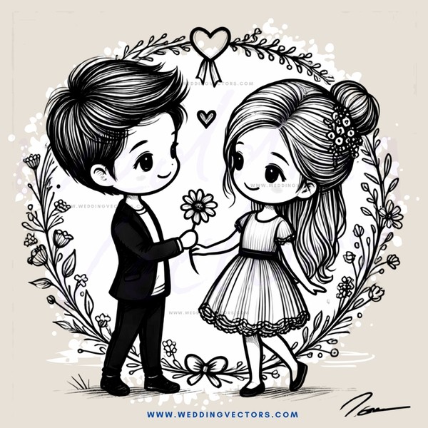 a boy and girl standing with flowers and leaves on their feet