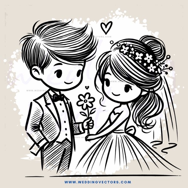 a bride and groom holding flowers