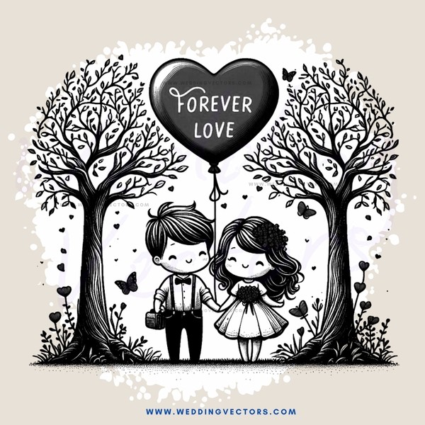 a couple standing under trees with a heart balloon