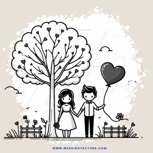 a couple walking under a tree with a heart balloon