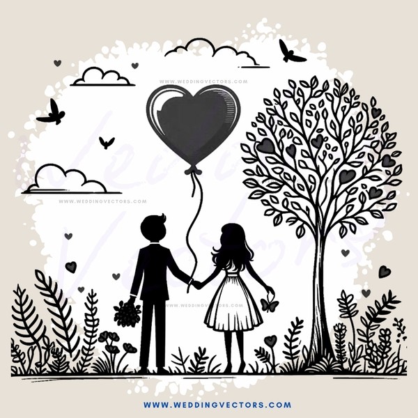 a man and woman holding hands under a heart shaped balloon