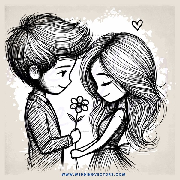boy and girl holding flower and hugging
