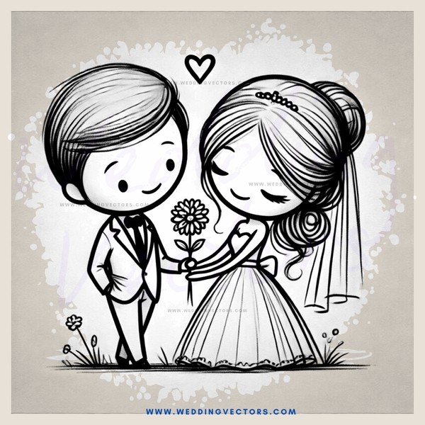 an illustration of a bride and groom holding flowers