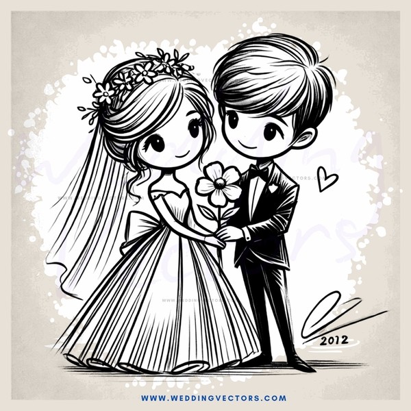 wedding picture with flowers and kissing couple on ground