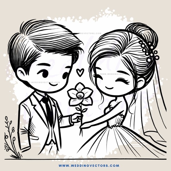 a bride and groom with a flower